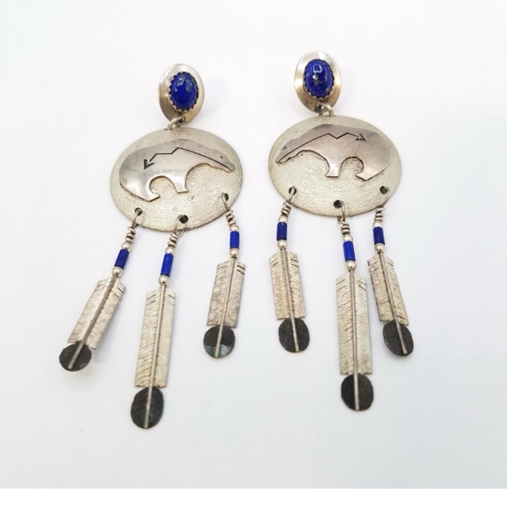 Southwestern Sterling Silver earrings signed TM Taylor blue feather